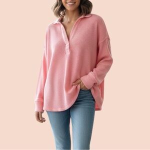 Aerie Lumberjane Waffle Polo Sweatshirt Sz L Pink